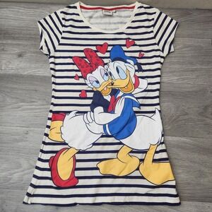 Disney Donald and Daisy Duck Striped T-Shirt Y2K Size 10/M Denim Co Cartoon Love
